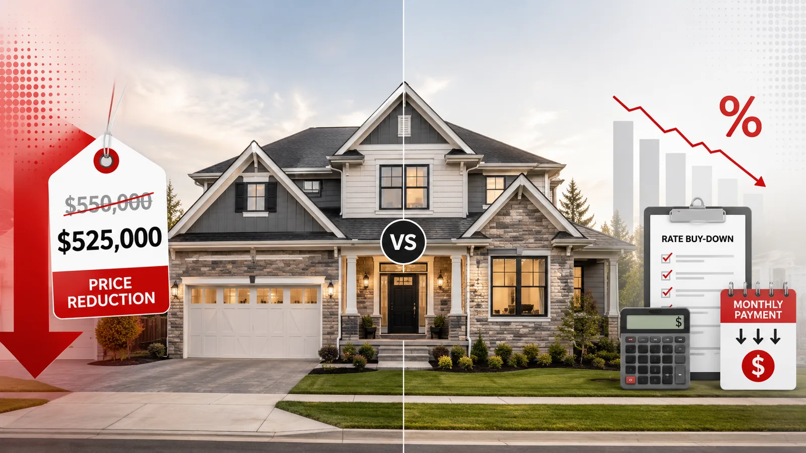 A home with a price-reduction tag on one side and a rate buy-down calculator on the other